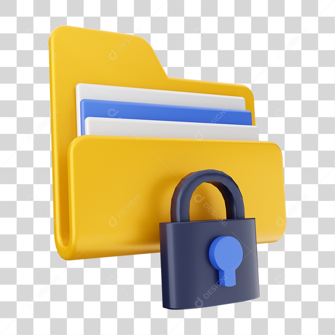 Elemento 3D Pasta de Arquivo Cadeado  Para Composição PNG Transparente