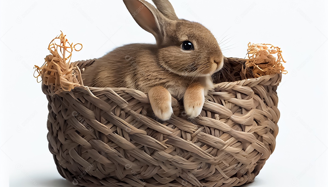 Um coelho em uma cesta contra um fundo branco Coelho com fundo branco feliz páscoa
