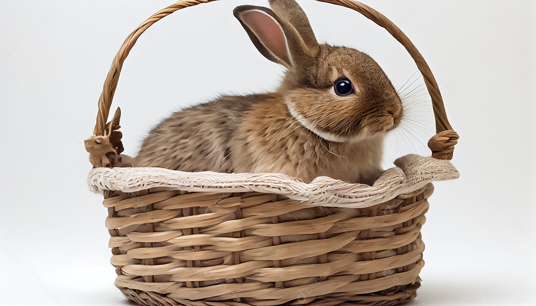 Um coelho em uma cesta contra um fundo branco Coelho com fundo branco feliz páscoa