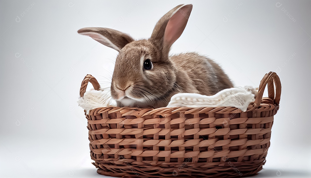 Um coelho em uma cesta contra um fundo branco Coelho com fundo branco feliz páscoa