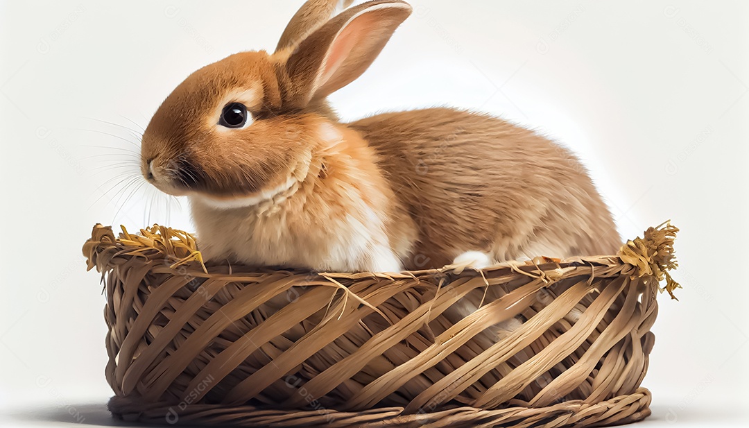 Um coelho em uma cesta contra um fundo branco Coelho com fundo branco feliz páscoa