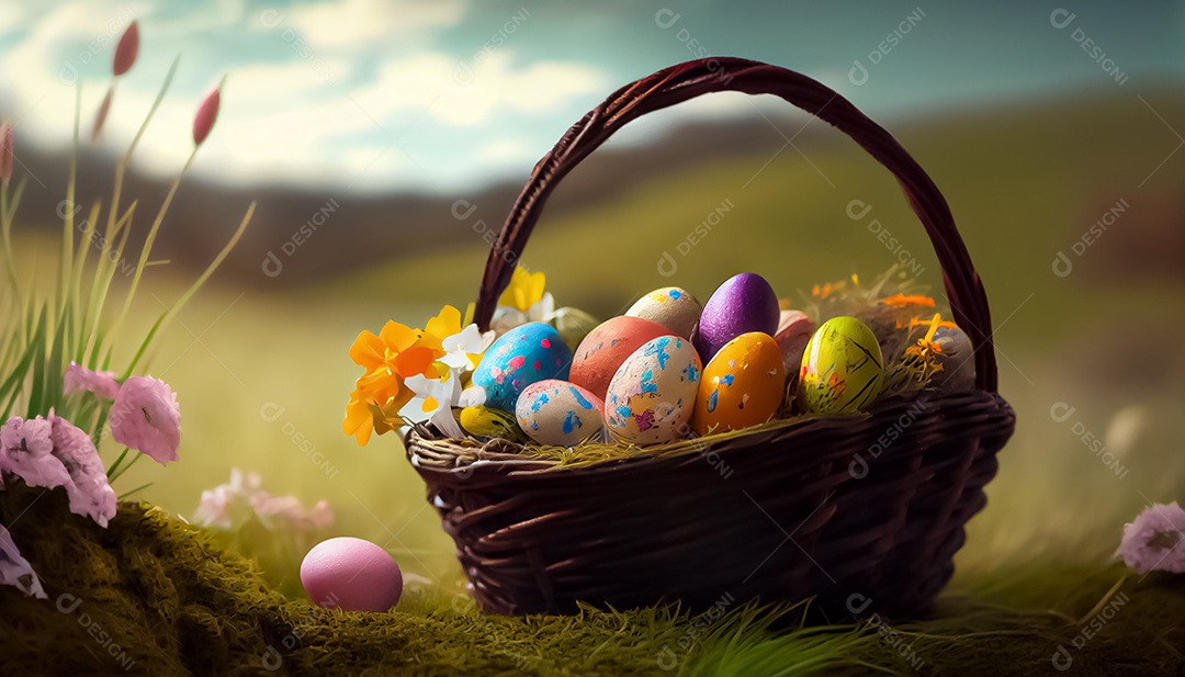 Um ovo de Páscoa deitado em uma cesta no Prado