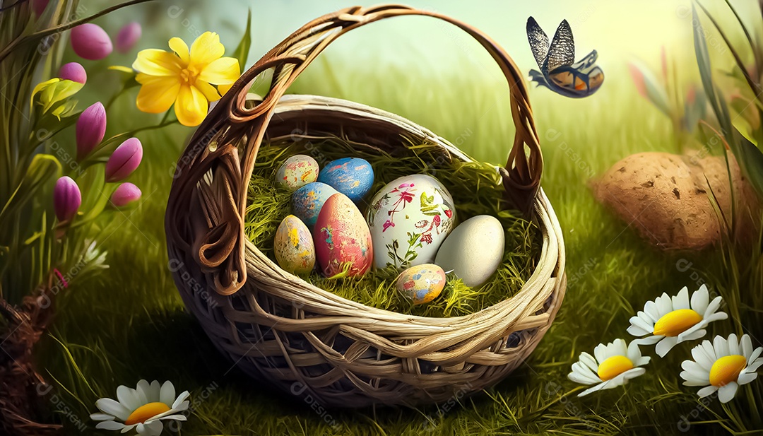 Um ovo de Páscoa deitado em uma cesta no Prado