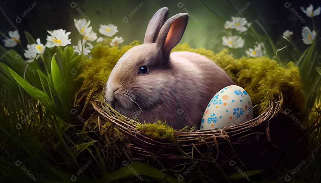 Coelho, ovo de Páscoa colocado em uma cesta