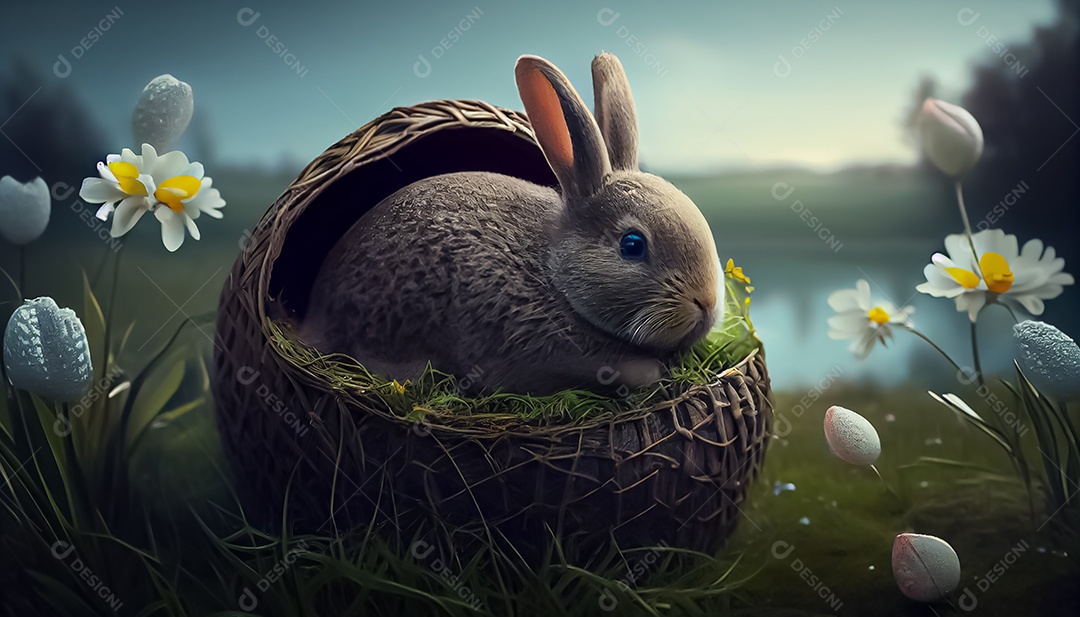 Coelho, ovo de Páscoa colocado em uma cesta