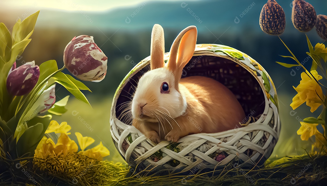 Coelho, ovo de Páscoa colocado em uma cesta