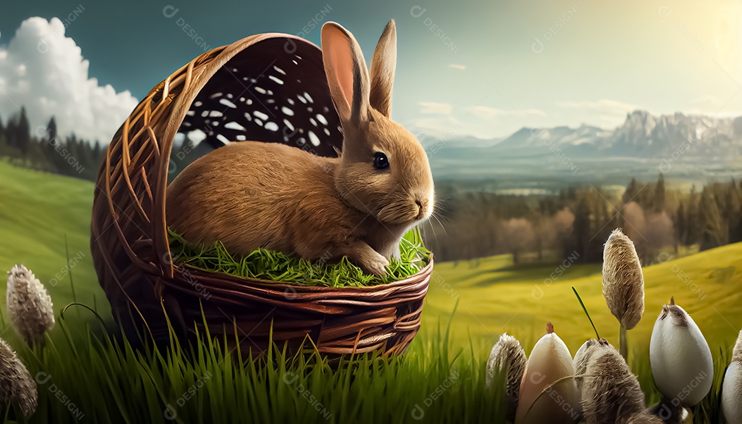 Coelho, ovo de Páscoa colocado em uma cesta