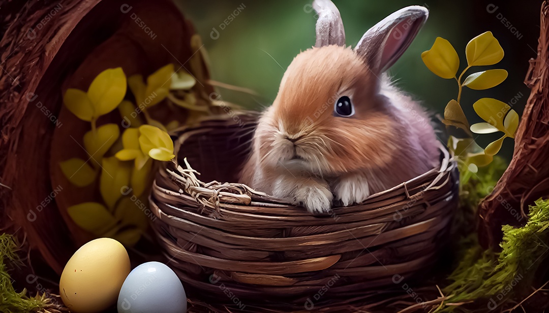 Coelho, ovo de Páscoa colocado em uma cesta