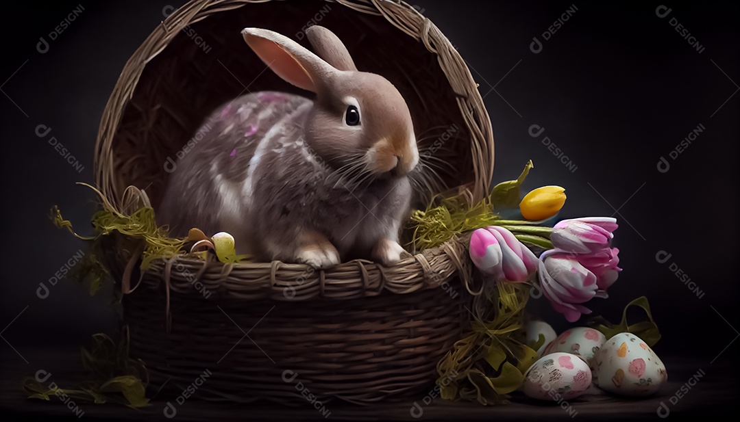 Coelho, ovo de Páscoa colocado em uma cesta