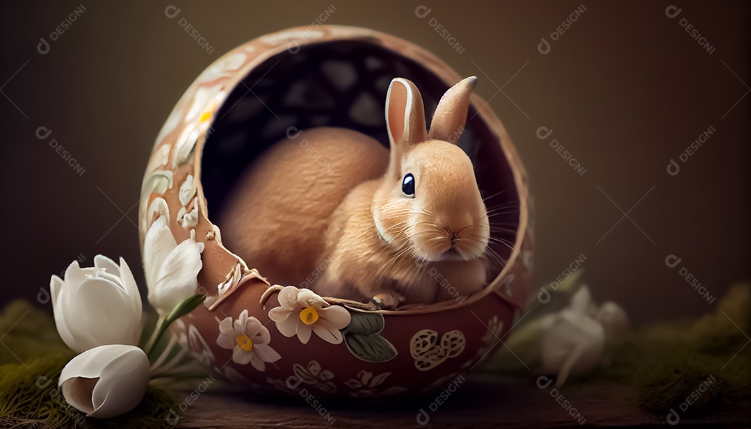 Coelho, ovo de Páscoa colocado em uma cesta