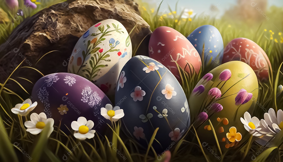 Muitos ovos de Páscoa no prado, realistas
