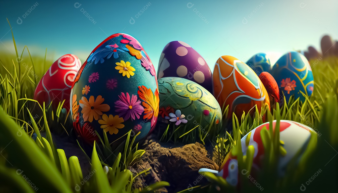 Muitos ovos de Páscoa no prado, realistas