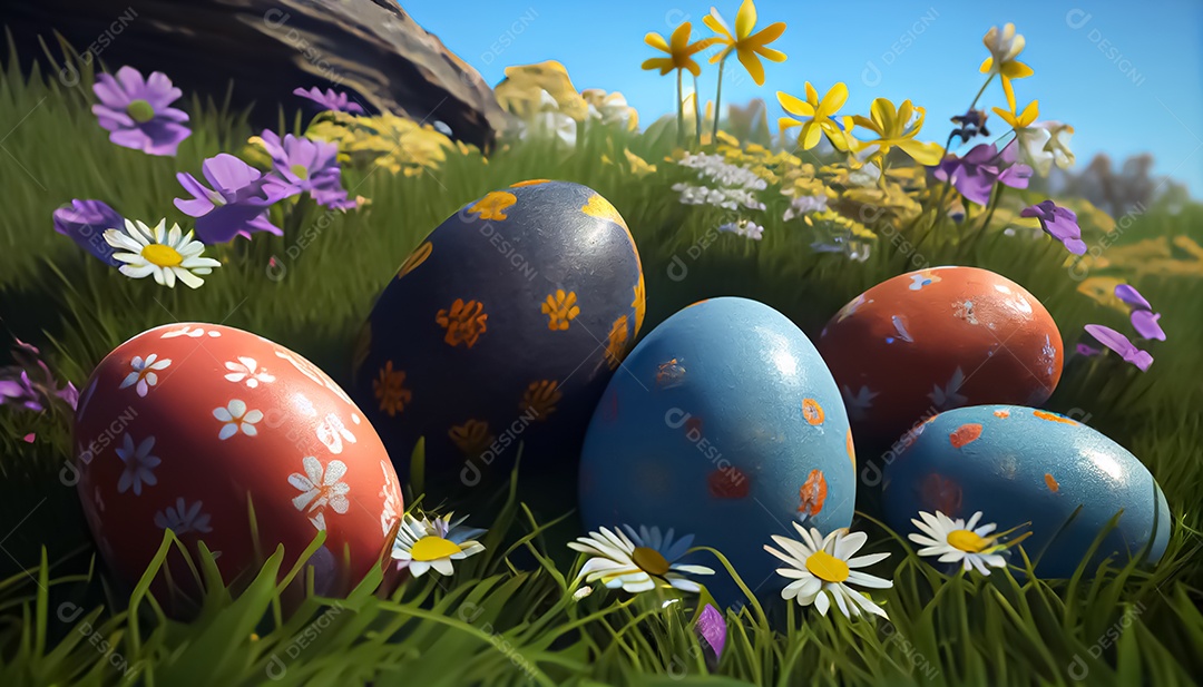 Muitos ovos de Páscoa no prado, realistas