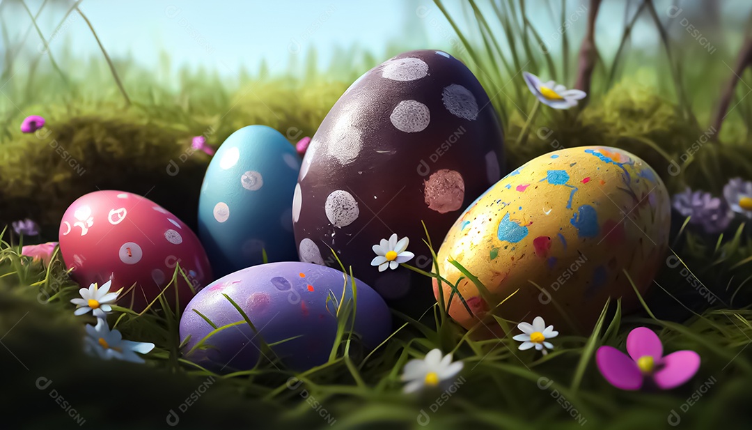 Muitos ovos de Páscoa no prado, realistas