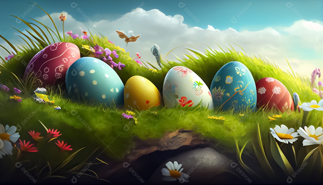 Muitos ovos de Páscoa no prado, realistas