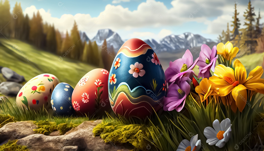 Muitos ovos de Páscoa no prado, realistas