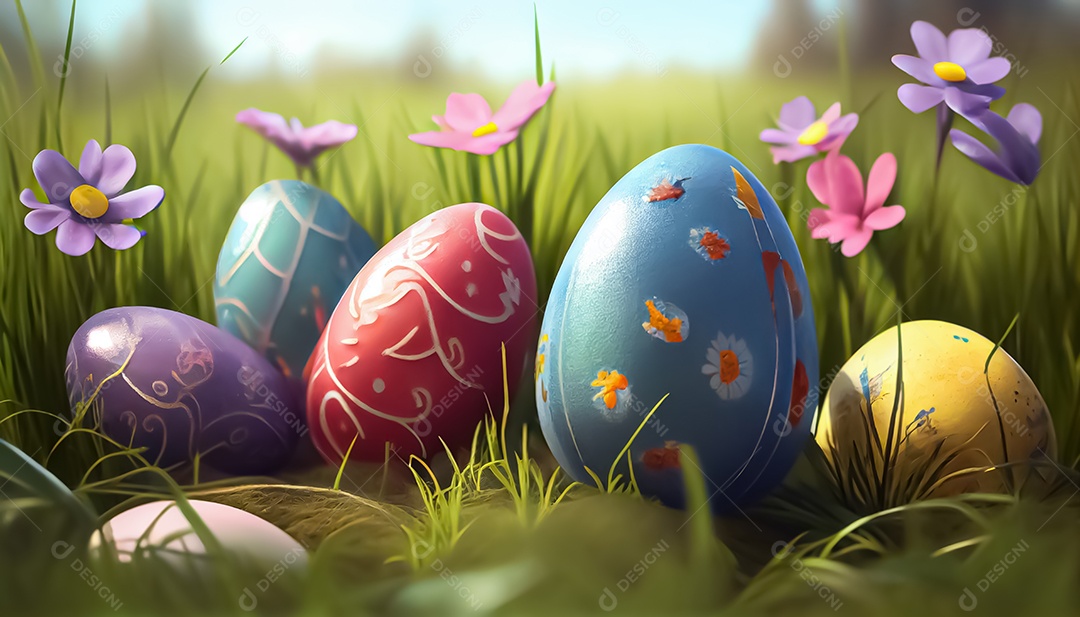 Muitos ovos de Páscoa no prado, realistas