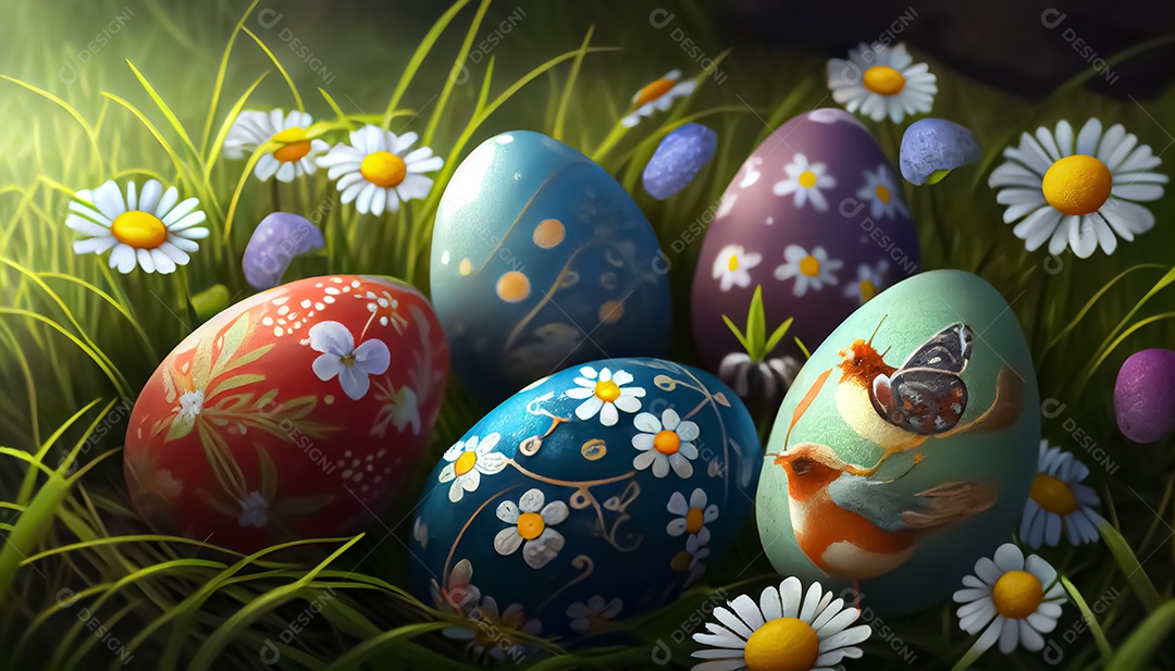 Muitos ovos de Páscoa no prado, realistas