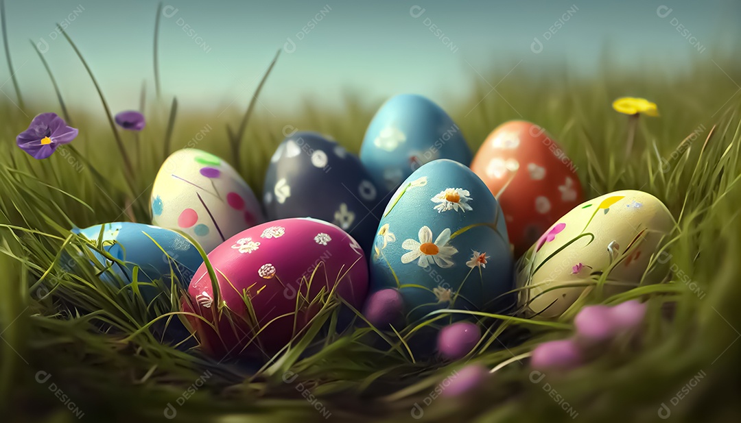 Muitos ovos de Páscoa no prado, realistas