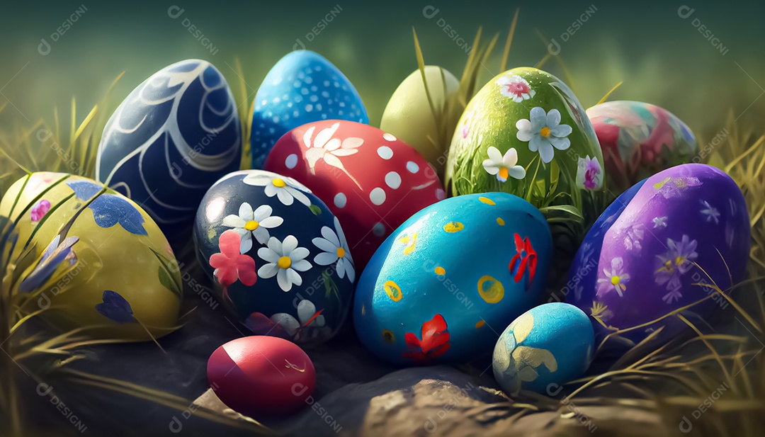 Muitos ovos de Páscoa no prado, realistas