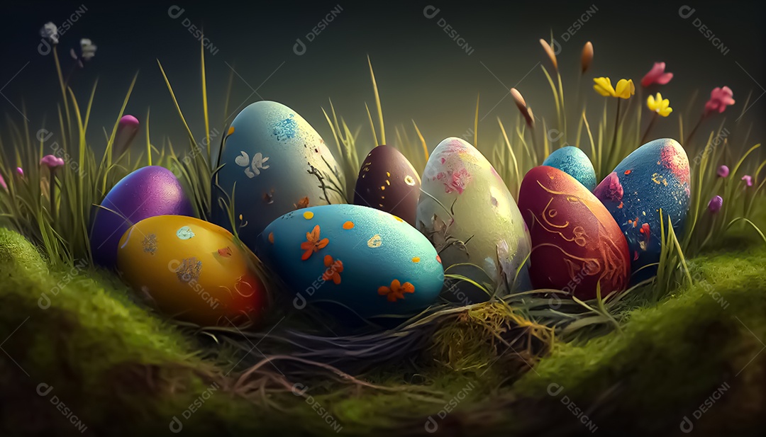 Muitos ovos de Páscoa no prado, realistas