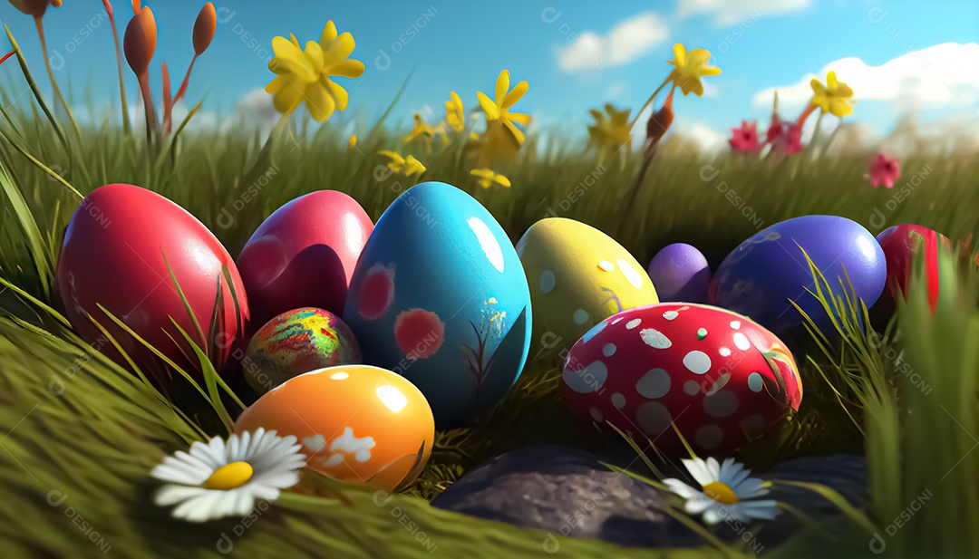 Muitos ovos de Páscoa no prado, realistas