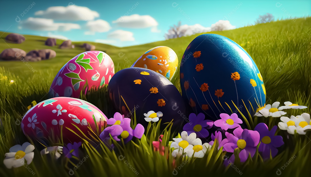 Muitos ovos de Páscoa no prado, realistas