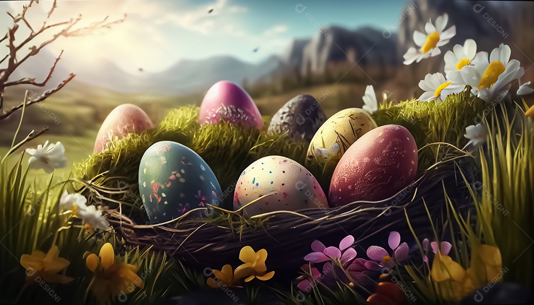 Muitos ovos de Páscoa no prado, realistas