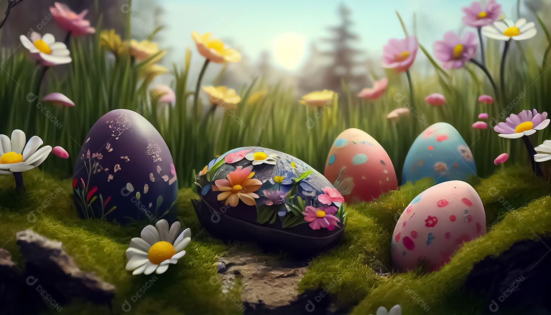 Muitos ovos de Páscoa no prado, realistas