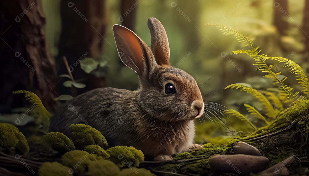 Coelho na floresta, feliz dia de páscoa realista