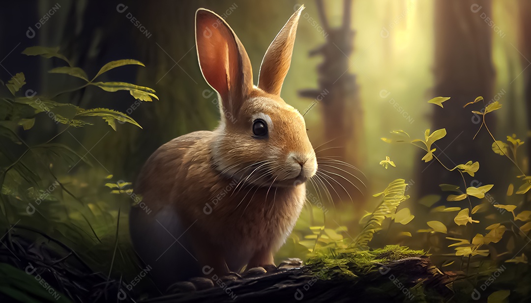 Coelho na floresta, feliz dia de páscoa realista