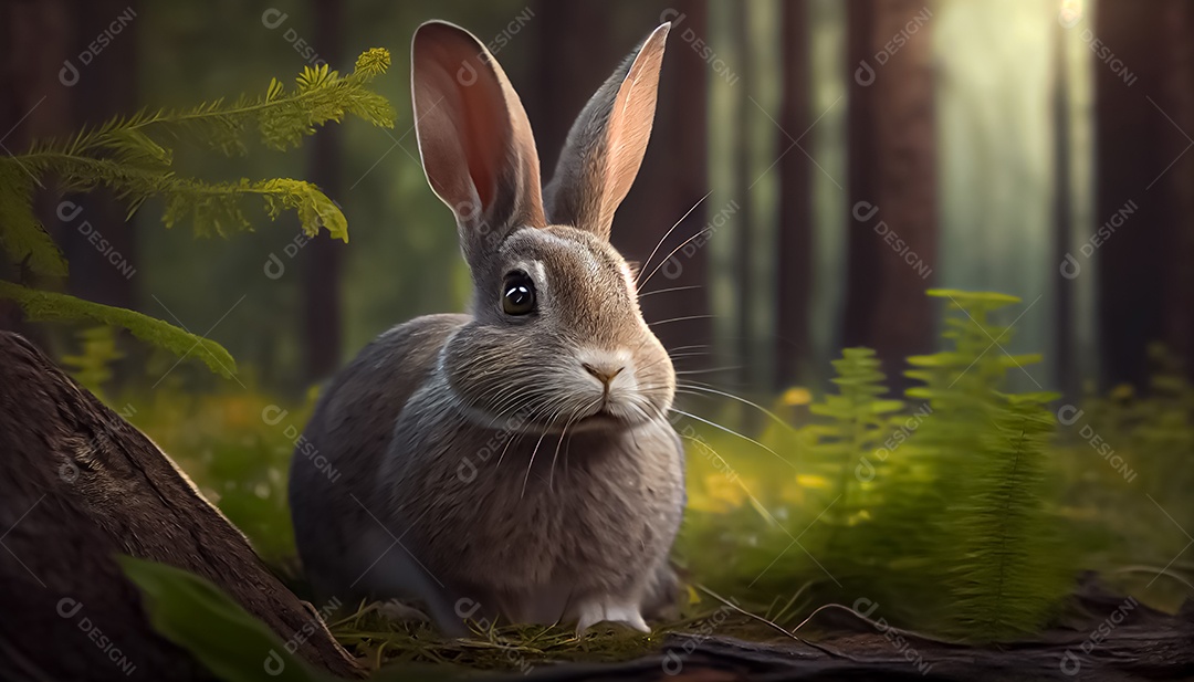 Coelho na floresta, feliz dia de páscoa realista