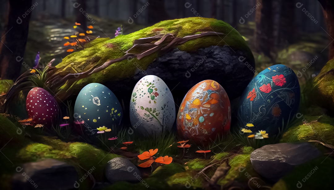 Muitos ovos de Páscoa na floresta, realistas