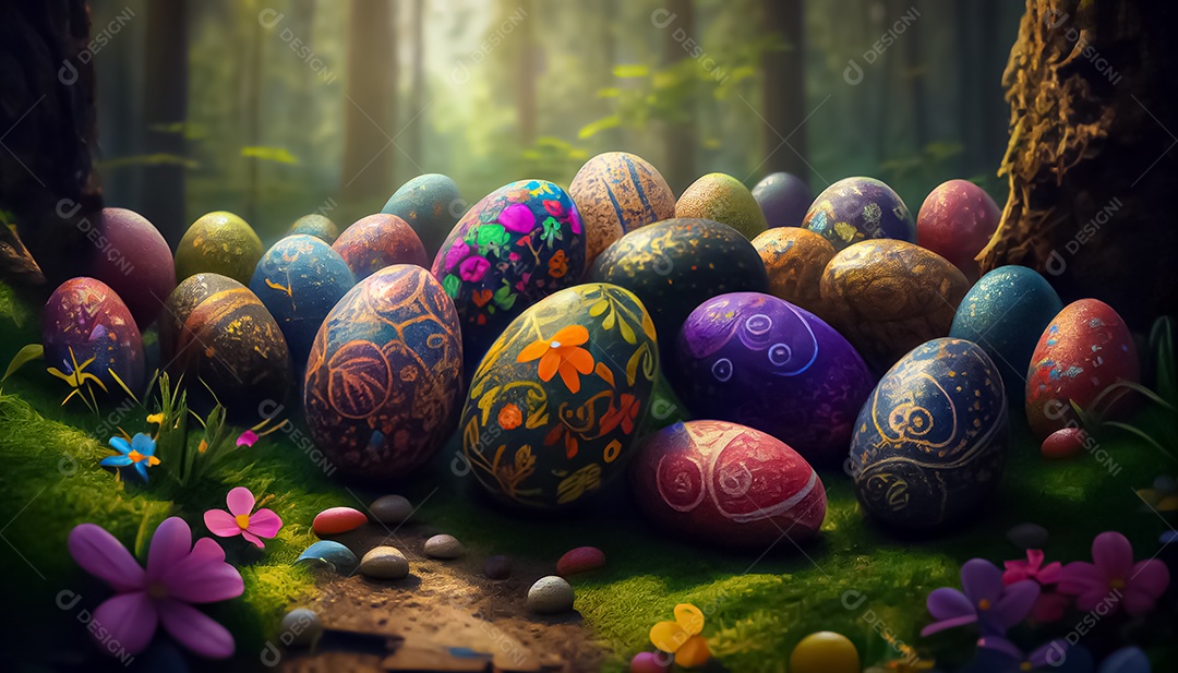 Muitos ovos de Páscoa em um fundo branco, realista