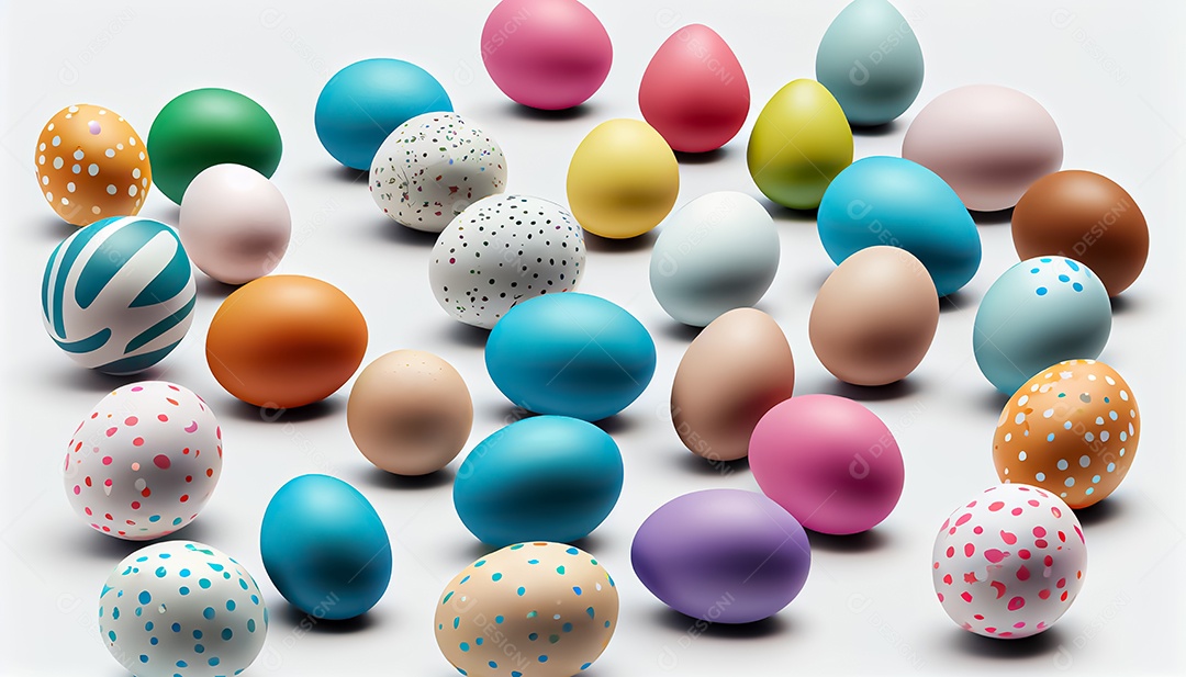Muitos ovos de Páscoa em um fundo branco, realista