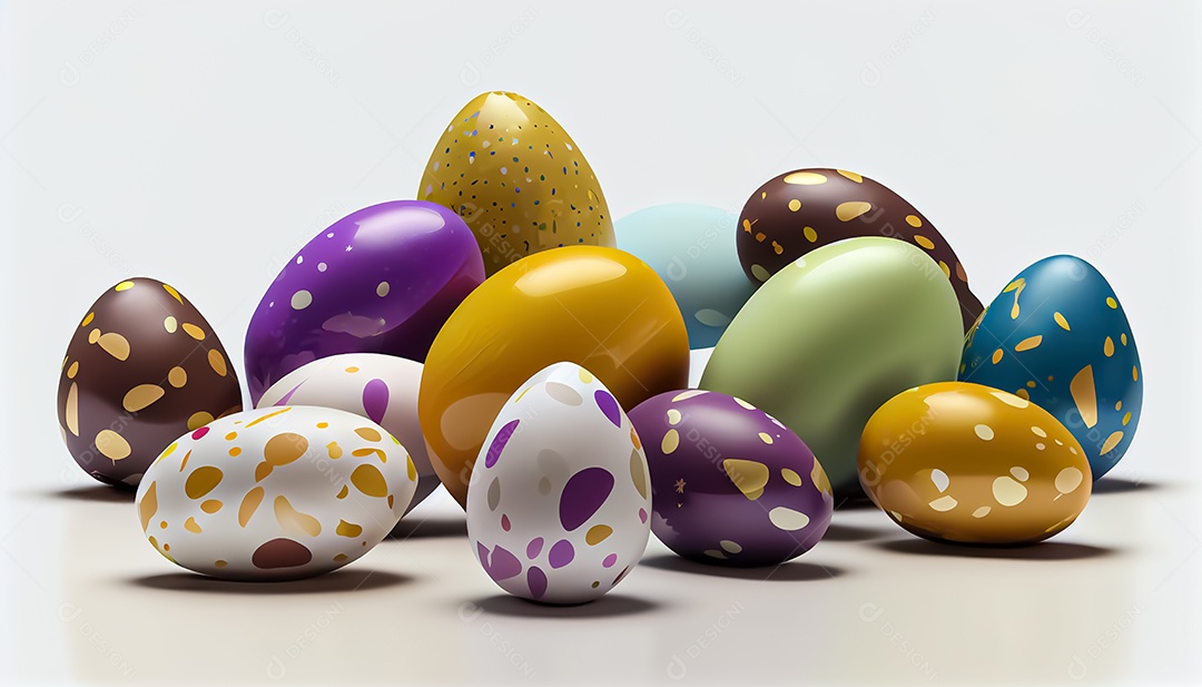 Muitos ovos de Páscoa em um fundo branco, realista