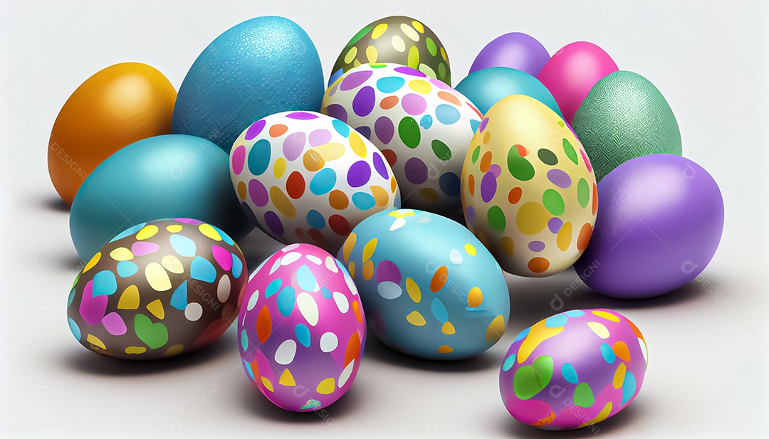 Muitos ovos de Páscoa em um fundo branco, realista