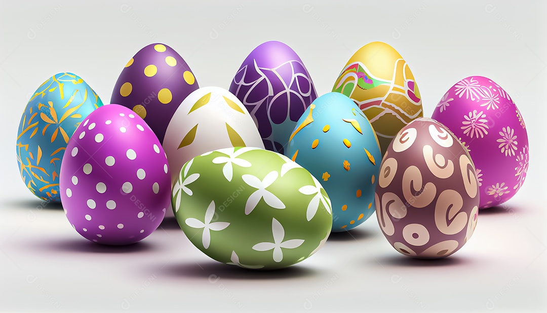 Muitos ovos de Páscoa em um fundo branco, realista