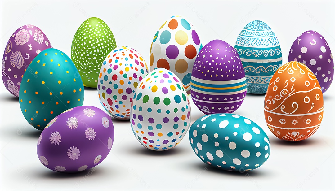 Muitos ovos de Páscoa em um fundo branco, realista