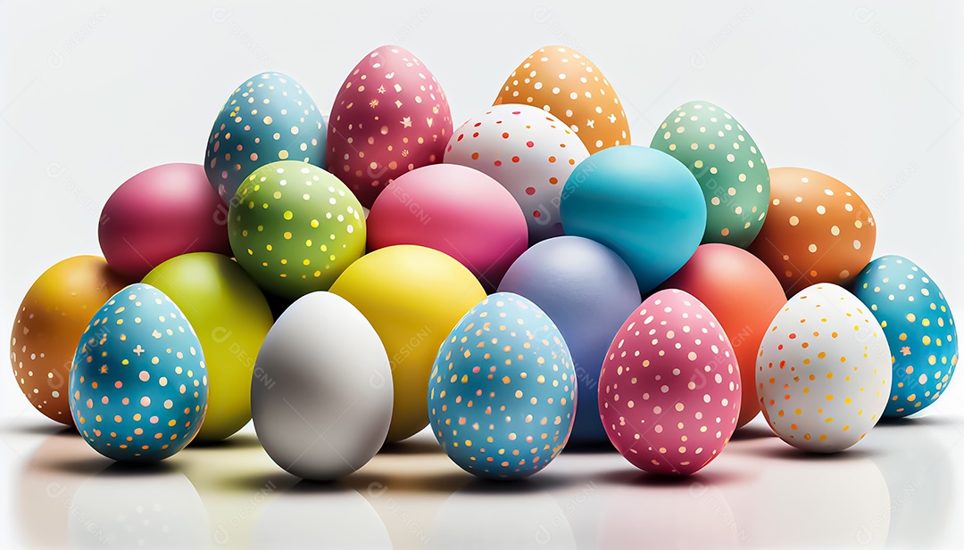 Muitos ovos de Páscoa em um fundo branco, realista