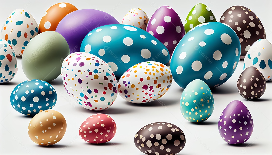 Muitos ovos de Páscoa em um fundo branco, realista