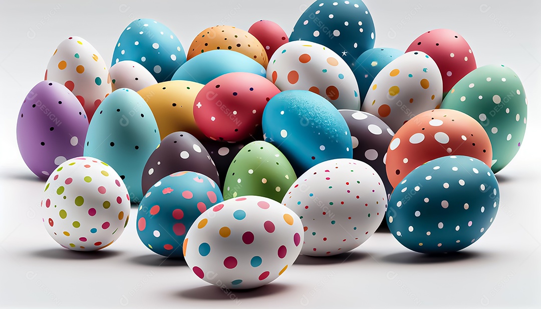 Muitos ovos de Páscoa em um fundo branco, realista