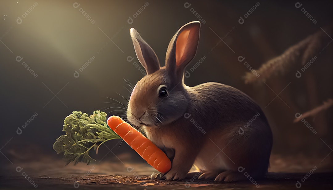 Coelho comendo cenoura realista feliz páscoa