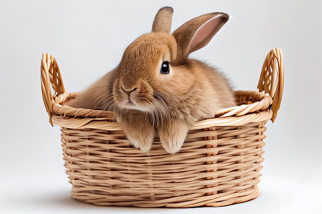 Um coelho em uma cesta contra um fundo branco Coelho com fundo branco feliz páscoa