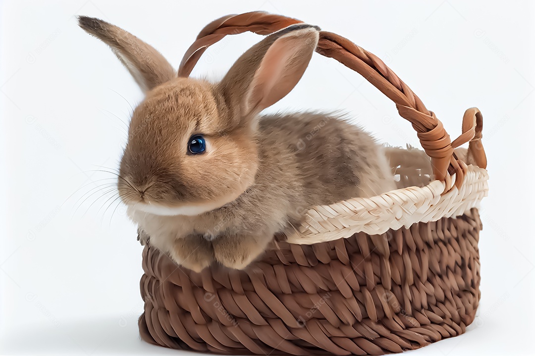 Um coelho em uma cesta contra um fundo branco Coelho com fundo branco feliz páscoa