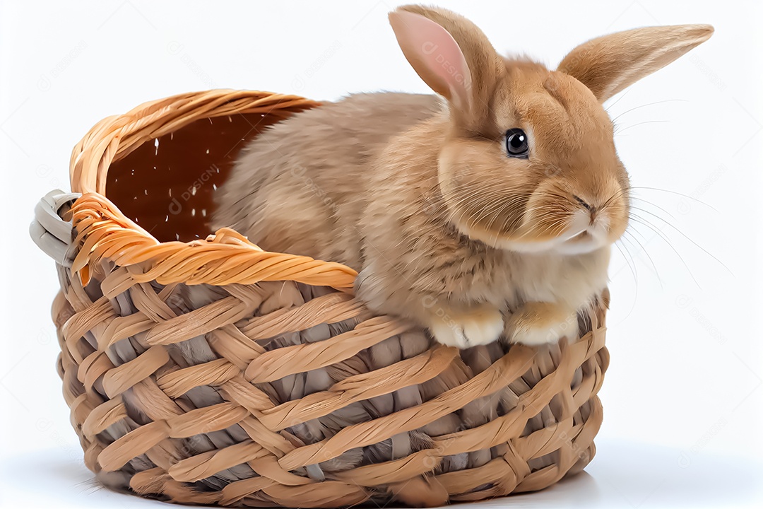 Um coelho em uma cesta contra um fundo branco Coelho com fundo branco feliz páscoa