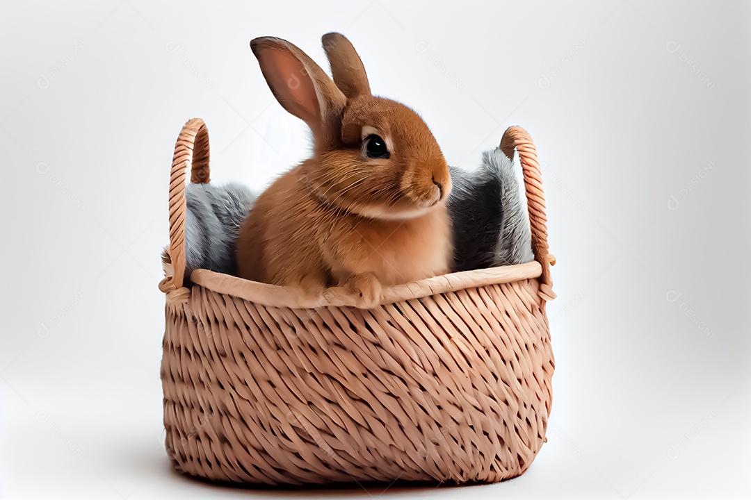 Um coelho em uma cesta contra um fundo branco Coelho com fundo branco feliz páscoa