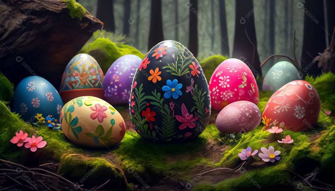 Muitos ovos de Páscoa no prado, realistas