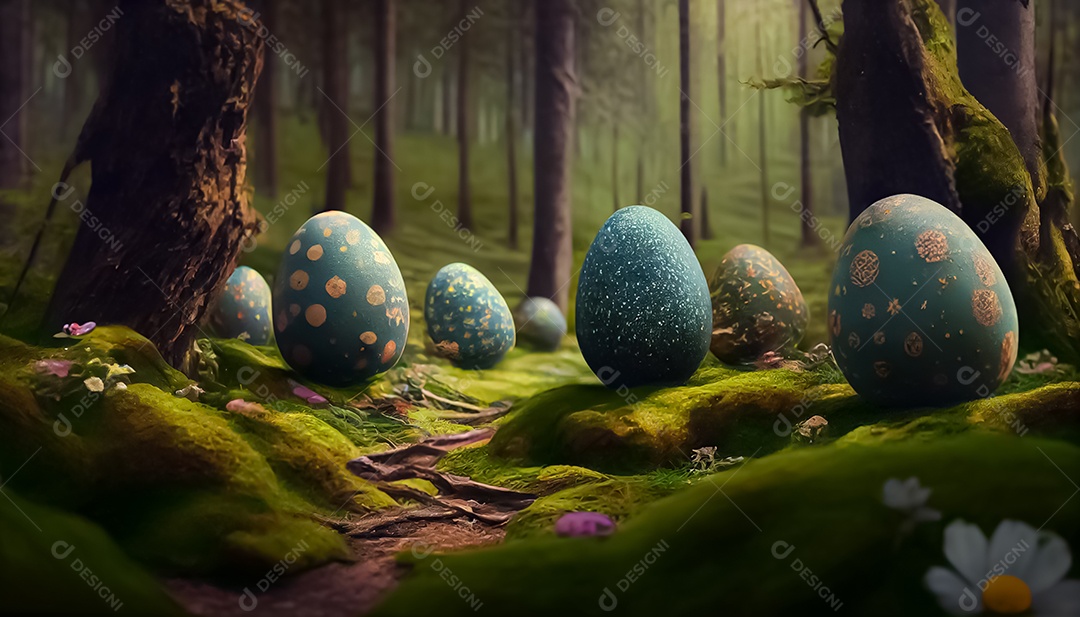 Muitos ovos de Páscoa no prado, realistas