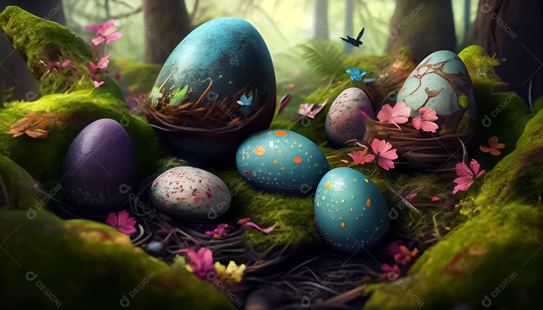 Muitos ovos de Páscoa no prado, realistas